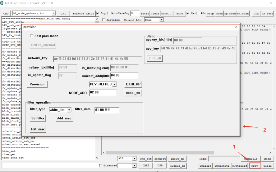 Screenshot of the sig_mesh_tool application with the provisioning interface box outlined.
